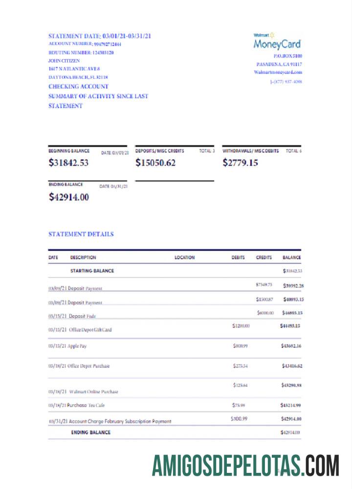 Declaração realista do USA WALMART MONEY CARD modelo Word e PDF, versão 2